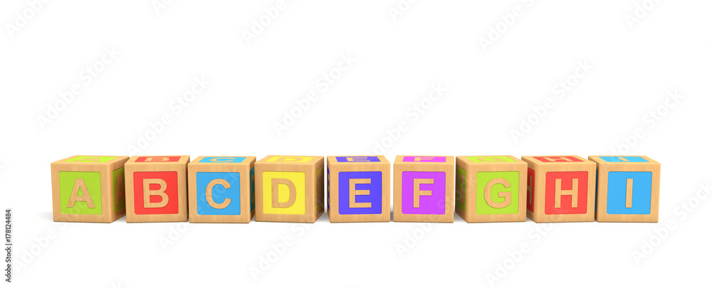 3d rendering of several wooden toy bricks with English letters in alphabetic order on a white background.