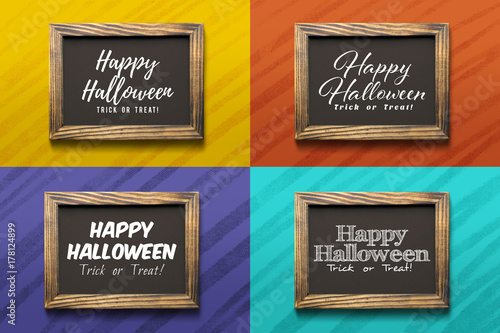 set collection of banner tag wood frame board on color ful background in halloween concept