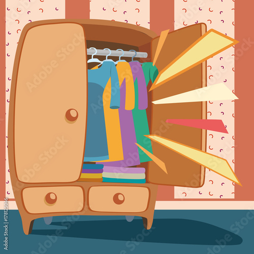 Wardrobe door opened with clothing against a background with patterns . Attention marks signal a clothing store promotion or a sale in a marketing banner modern vector illustration design
