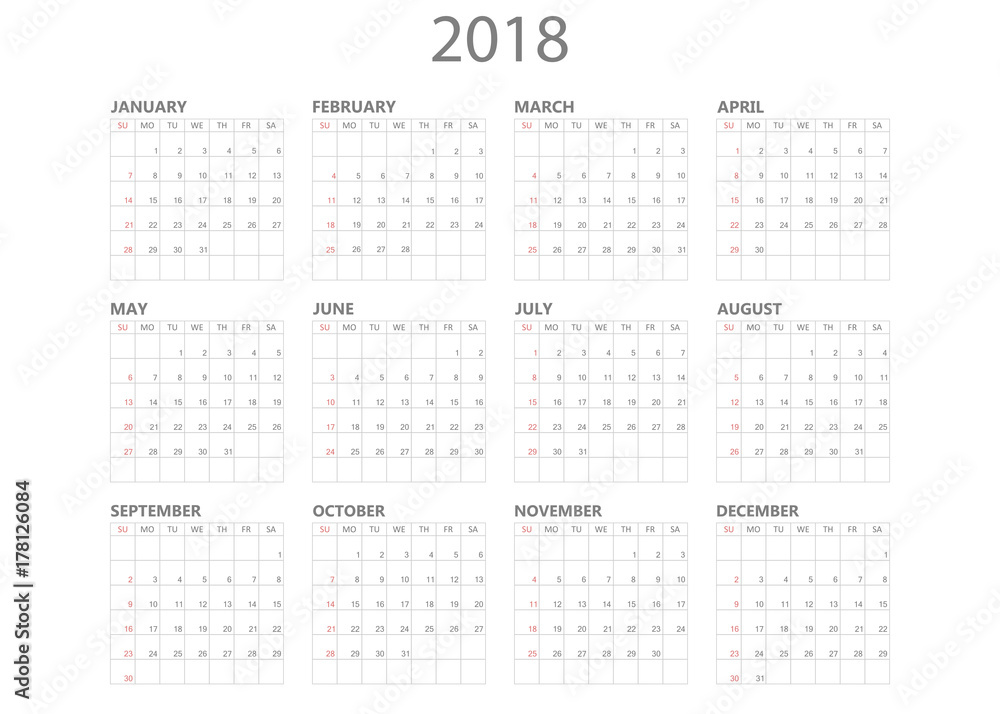 Calendar 2018 year in simple style. Calendar planner design template. Week starts on Sunday. Business vector illustration. Calendar 2018 year in simple style. Calendar planner design template. Week starts on Sunday. Business vector illustration.