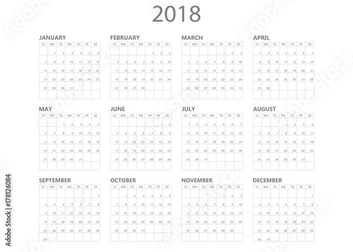 Calendar 2018 year in simple style. Calendar planner design template. Week starts on Sunday. Business vector illustration.