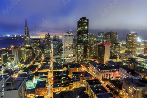 Dusk over San Francisco Skyline. View from above Nob Hill neighborhood looking east.