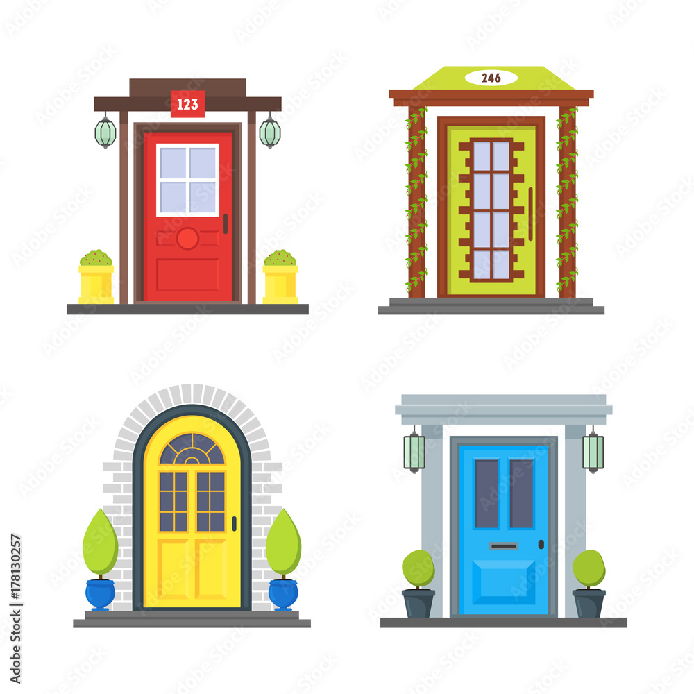 Cartoon Color Front Door of House Icon Set. Vector Stock Vector | Adobe  Stock