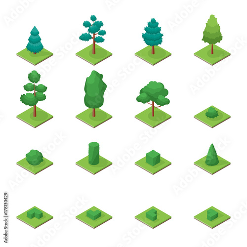 Green Trees Park Objects Set Icons 3d Isometric View. Vector