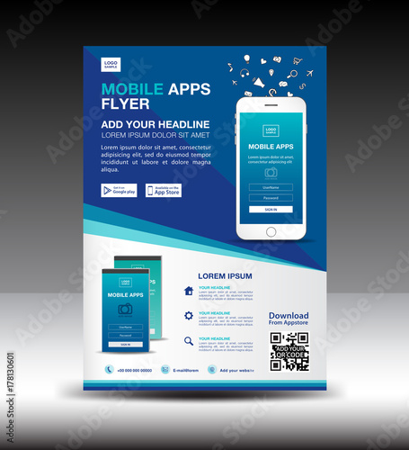 Mobile Apps Flyer template. Business brochure flyer design layout. smartphone icons mockup. application presentation. Magazine ads. Blue cover. poster. leaflet. infographics. advertisement. in A4 size