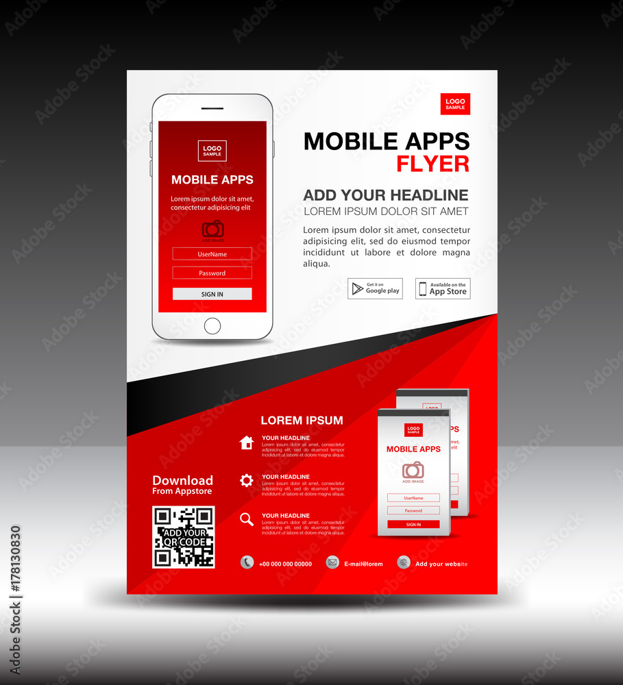 Mobile Apps Flyer Template. Business Brochure Flyer Design Layout.  Smartphone Icons Mockup. Application Presentation. Magazine Ads. Red Cover.  Poster. Leaflet. Infographics. Advertisement. In A4 Size Stock Vector |  Adobe Stock