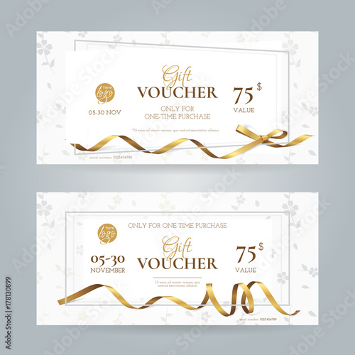 Vector set of stylish gift vouchers with golden ribbons and silver floral pattern. Elegant template for gift cards, coupons and certificates with flowers. Isolated from the background.