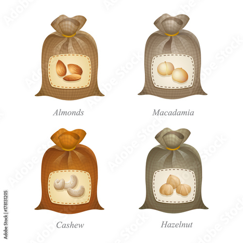Tied sacks with nuts icons on them / Four tied sacks with cashew, macadamia, almonds, hazelnut icons and names under them
