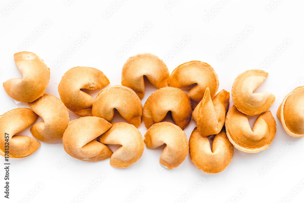 Prediction in fortune cookie on white background flat lay mockup Prediction in fortune cookie on white background flat lay mockup