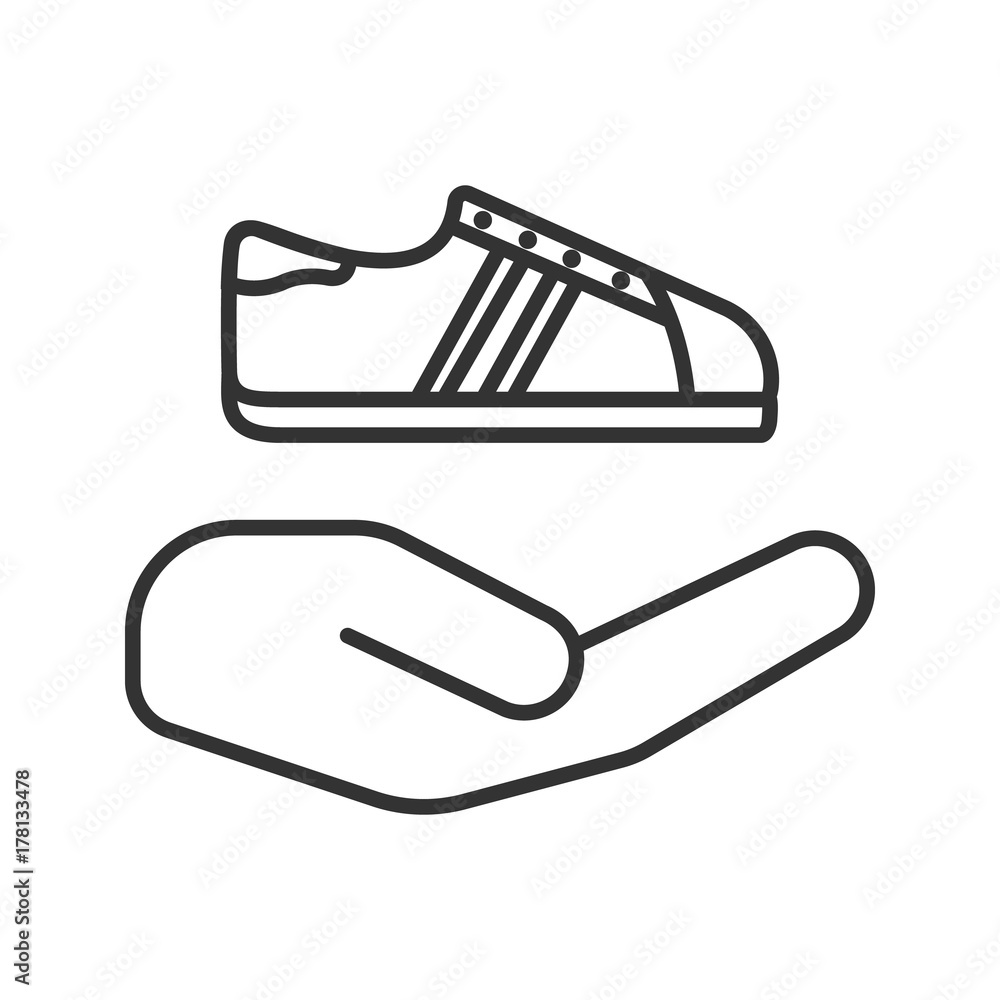 Open hand with sneaker linear icon Open hand with sneaker linear icon