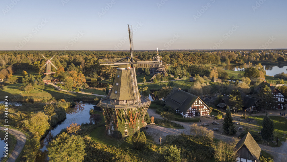 Aerial view of windmills in the openair museum in Gifhorn, Germany