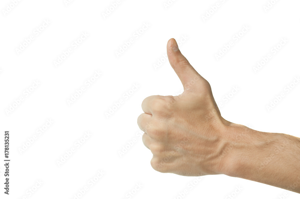 Male caucasian worker hand show thumb up sign isolated on white background Male caucasian worker hand show thumb up sign isolated on white background