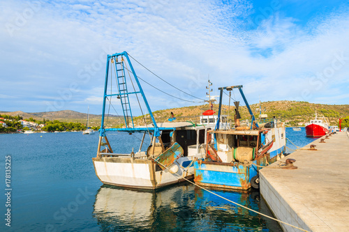 Fishing boats on blue sea in Rogoznica port  Dalmatia  Croatia