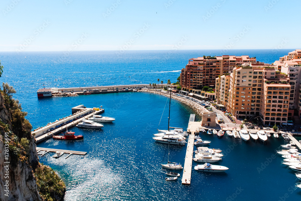 View of Monaco City and Fontvieille with boat marina in Monaco.