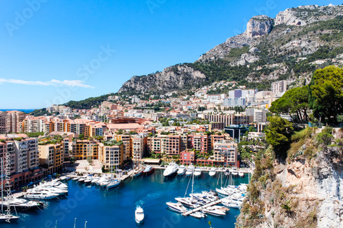View of Monaco City and Fontvieille with boat marina in Monaco.