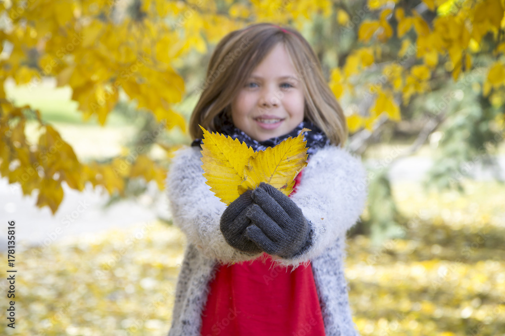 Bloned girl holding yellow leaves in her hands with gloves on and smiling, fall portrait Bloned girl holding yellow leaves in her hands with gloves on and smiling, fall portrait