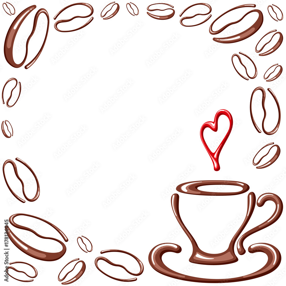 Vector round frame with coffee beans and cup. On a white background