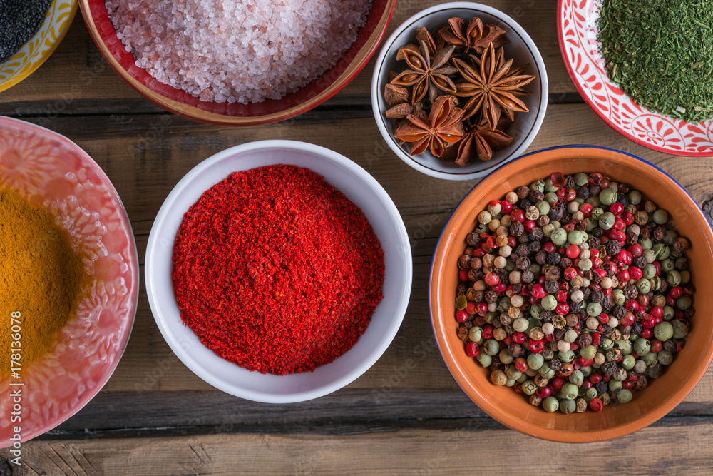 Fototapeta premium spices, spicy herbs, turmeric, paprika, anise, bazaar