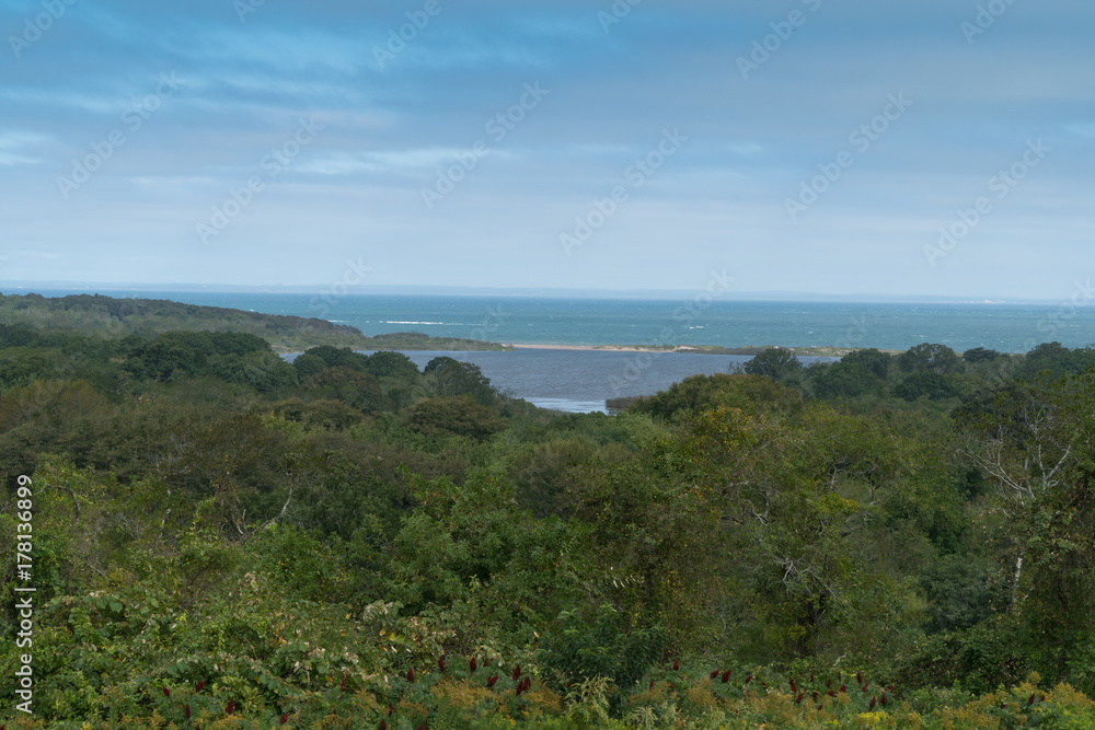 Beautiful scenic overlook view of coastline tropical forest along the ocean during the day time