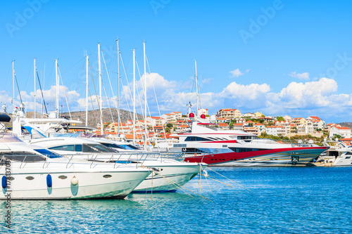 Motor and sailing boats anchoring in Rogoznica port on sunny summer day, Dalmatia, Croatia