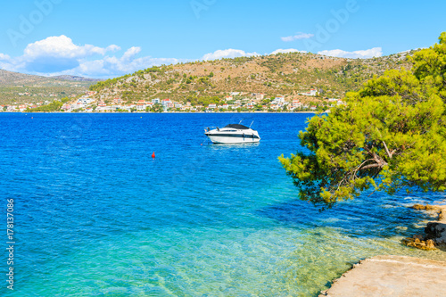 Sea with with shallow crystal clear sea water in Rogoznica town, Dalmatia, Croatia