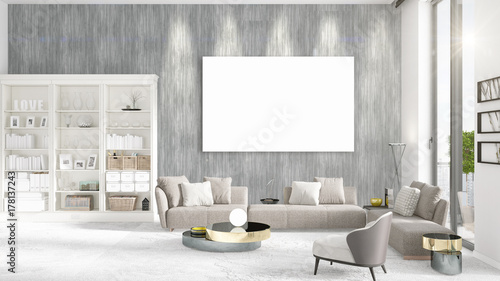 Fashionable modern loft interior with empty frame and copyspace in horizontal arrangement. 3D rendering. © Roman King