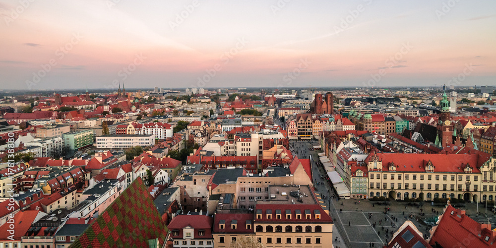Fototapeta premium Air view on the old town in Wroclaw in the evening from tower of St. Elizabeth's Church. Poland.