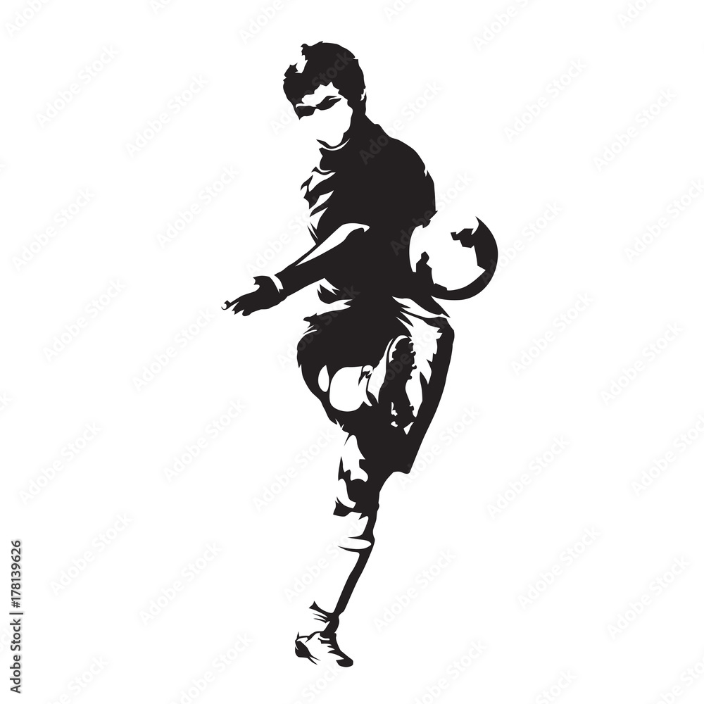 Soccer player kicking ball, abstract vector silhouette