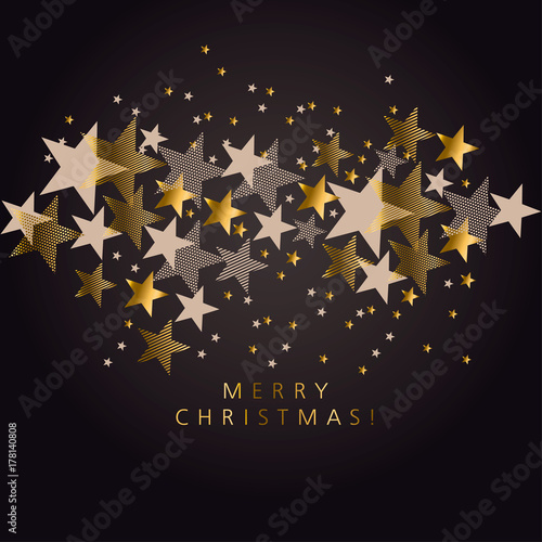 Luxury black and gold xmas stars pattern. Elegant simple decor for surface design, poster, header, card, invitation. New Year party poster.