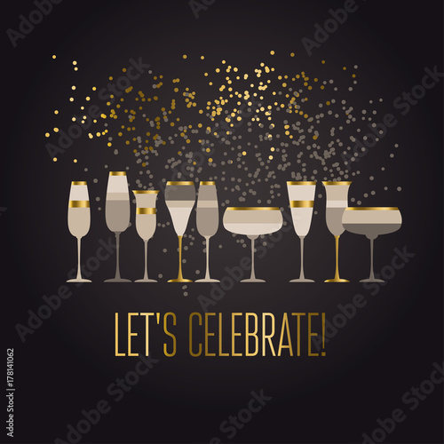 Luxury black and gold sparkling champagne xmas pattern. Elegant simple decor for surface design, poster, header, card, invitation. New Year party poster.