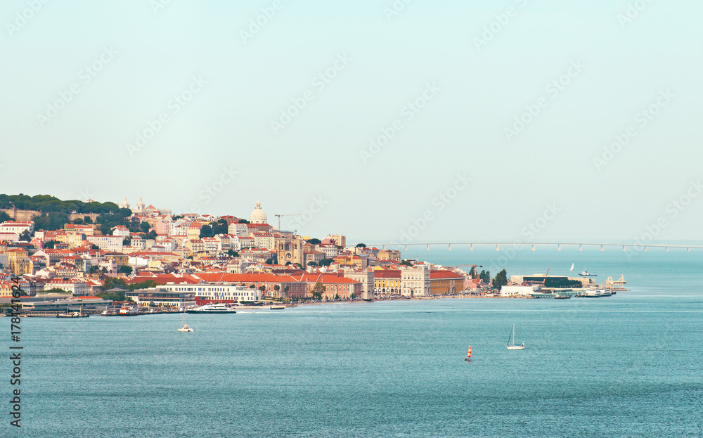 Aerial panorama of Lisbon old city. View from Tagus river.