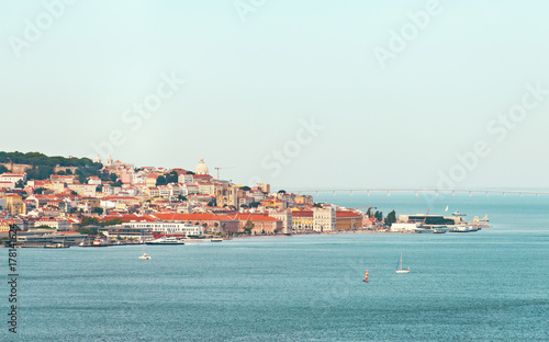 Aerial panorama of Lisbon old city. View from Tagus river.