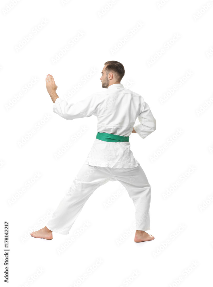 Young man practicing karate on white background Young man practicing karate on white background