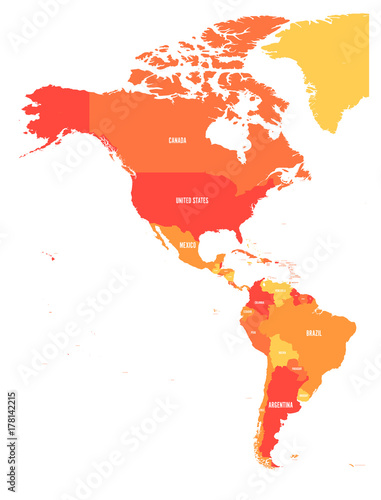 Political map of Americas in four shades of orange. North and South America with country labels. Simple flat vector illustration.