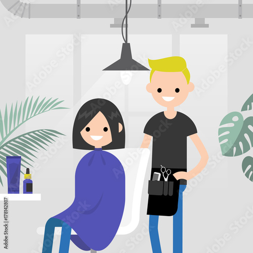 Hair salon. Barber shop. Young character sitting in a chair at the modern hair salon. Hair treatment. Flat editable vector illustration, clip art.