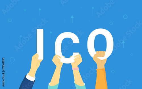 ICO in human hands concept illustration vector illustration of various people hold in their hands ico letters. Flat design of initial coin offering of cryptocurrency on blue background