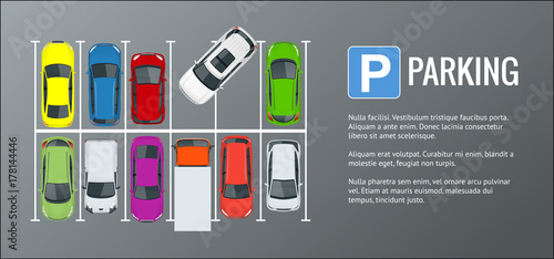 Vector illustration city parking lot with a set of different cars. Public car-park. Flat illustration for web. Urban transport. Large number of cars in a crowded parking.