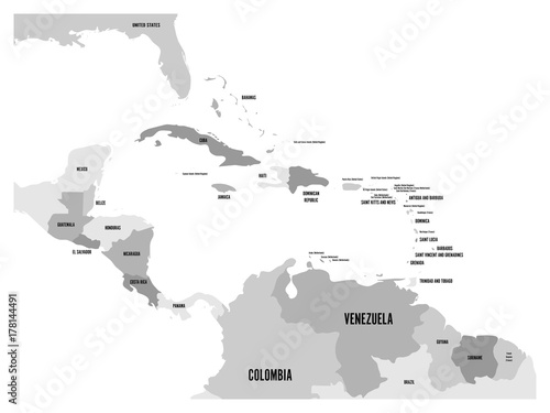 Central America and Caribbean states political map in four shades of grey with black country names labels. Simple flat vector illustration.