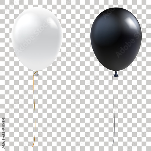Black and white balloons. Realistic helium balloons isolated on transparent background. Holiday decoration element for events and promotions. Vector eps 10.