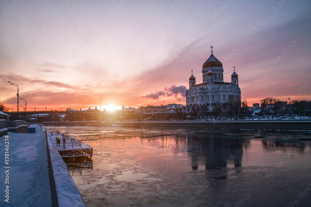 Cathedral of Christ the Saviour view at winter sunset in Moscow, Russia