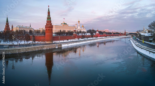 Moscow kremlin panoramic view from Moskva river at winter evening, Russia