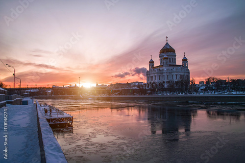 Cathedral of Christ the Saviour view at winter sunset in Moscow  Russia