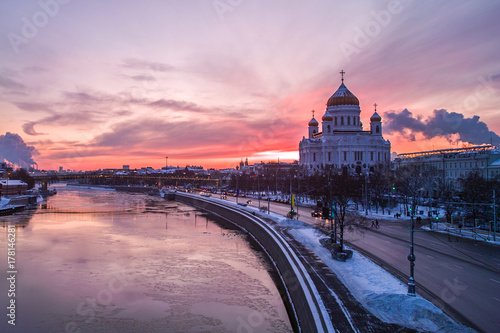 Cathedral of Christ the Saviour view at winter sunset in Moscow, Russia