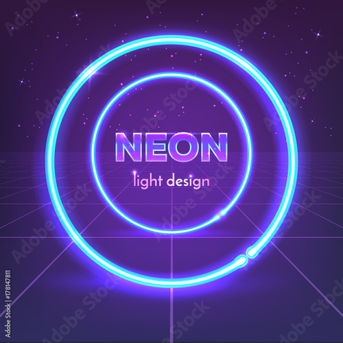 Retro 80's neon circles on digital landscape. Vector illustration.