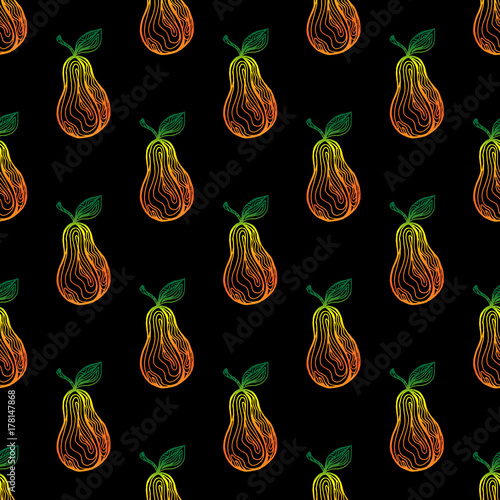 Seamless pattern with pears fruits on a black background. Vector illustration and swatch for wrapping or fabric