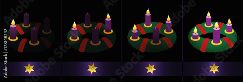 Advent wreath with purple candles - one, two, three and four burning candles to light up the darkness - numbered with golden stars from first to fourth Sunday of Advent. Vector on black background.