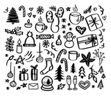 Christmas doodles. Hand drawn xmas illustrations. Winter and New Year black outline icons.