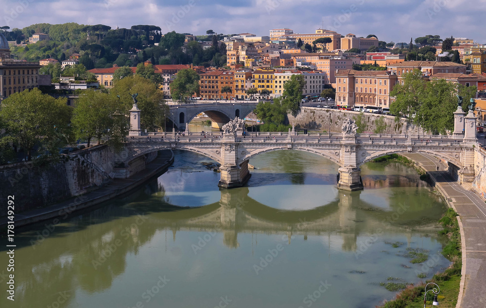 The view of bridge Umberto and cityscape of Rome, Italy.
