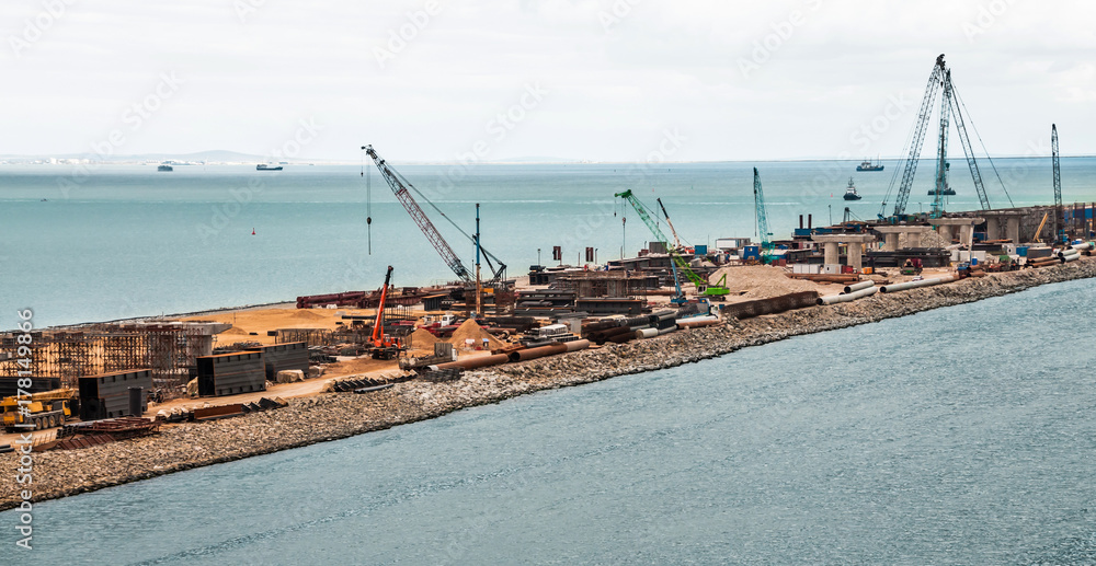 Construction of a bridge across the strait. Krymsky Bridge. The Kerch Strait. Russia.