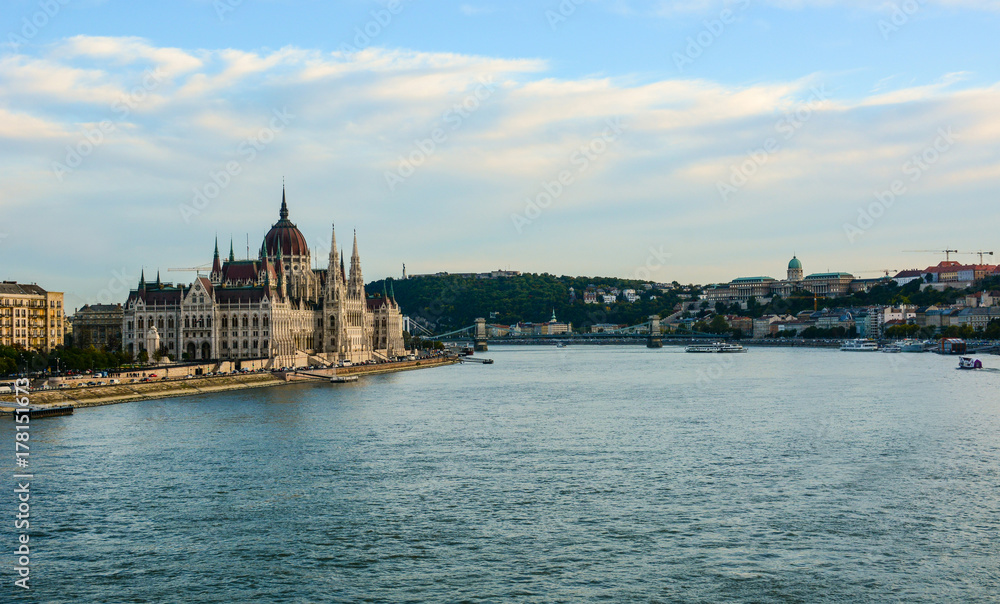 Cityscape of Budapest with Hungarian Parliament, Danube river and Szechenyi Chain Bridge